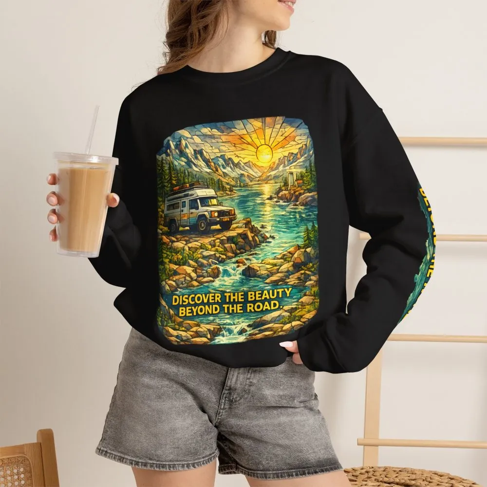 Unisex Heavy Blend™ Crewneck Sweatshirt — "Discover The Bieuty Beyond The Road" Design Cubic-Line