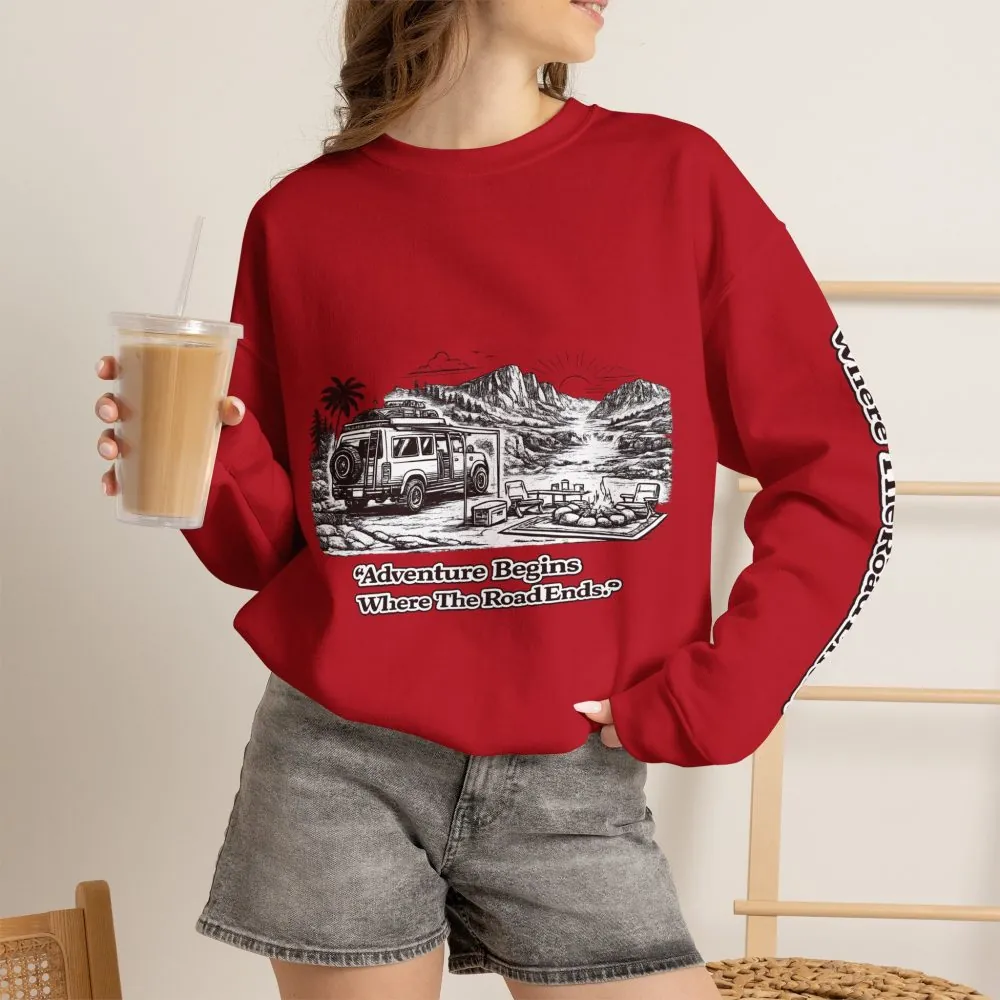 Unisex Heavy Blend™ Crewneck Sweatshirt — "Adventure Begins Where The Road Ends" Design Minimal-Line