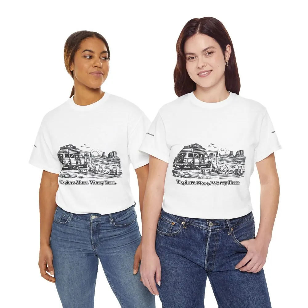 Unisex Heavy Cotton Tee — "Explore More Worry Less" Design Minimal-Line