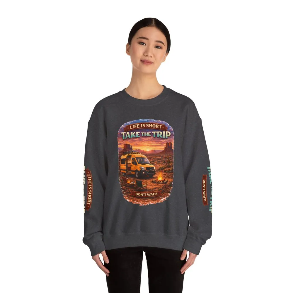 Unisex Heavy Blend™ Crewneck Sweatshirt — "Live Is Short Take The Trip" Design Scenic-Line
