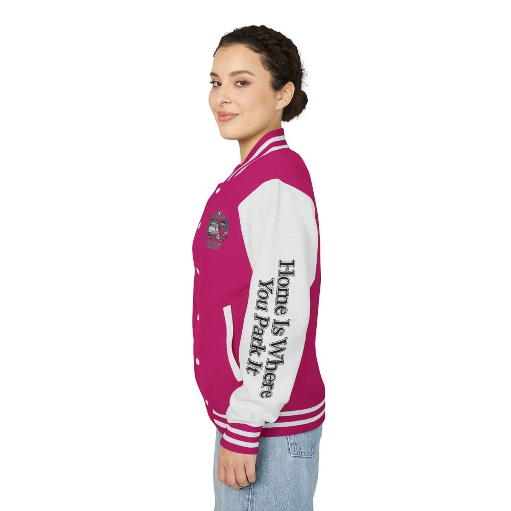 Unisex Heavyweight Letterman Jacket — "Home Is Where You Park It" Travel Varsity Coat