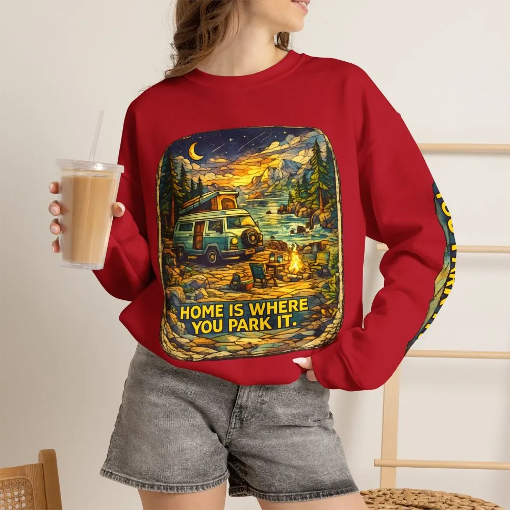 Unisex Heavy Blend™ Crewneck Sweatshirt — "Home Is Where You Park It" Design Cubic-Line