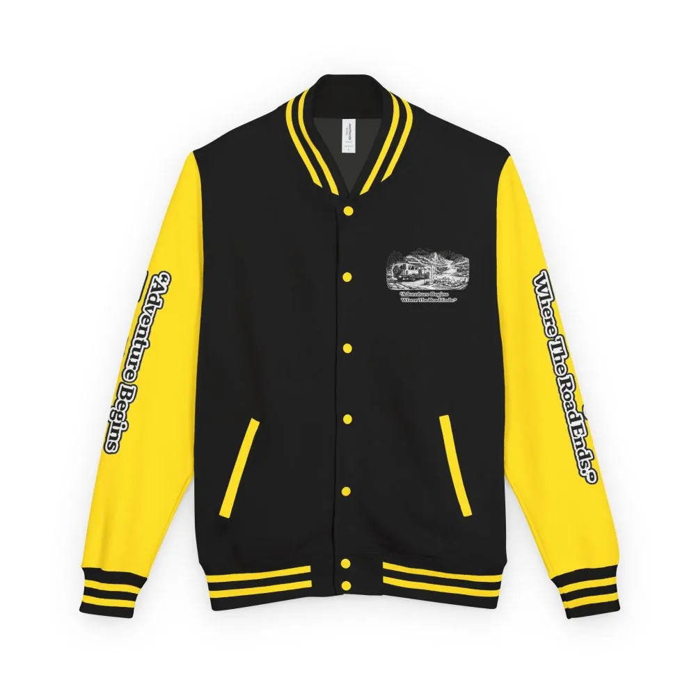 Unisex Heavyweight Letterman Jacket — "Adventure Begins Where The Road Ends" Travel Varsity Coat