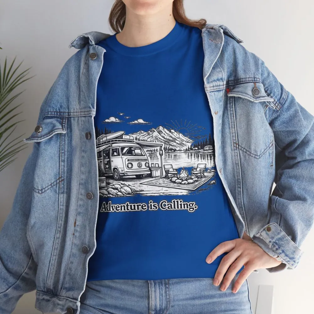 Unisex Heavy Cotton Tee — "Adventure Is Calling" Design Minimal-Line