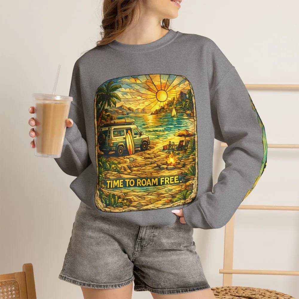 Unisex Heavy Blend™ Crewneck Sweatshirt — "Time To Roam Free" Design Cubic-Line