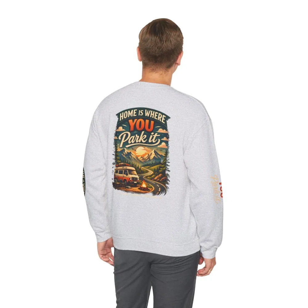 Unisex Heavy Blend™ Crewneck Sweatshirt — "Home Is Where You Park It" Design Scenic-Line