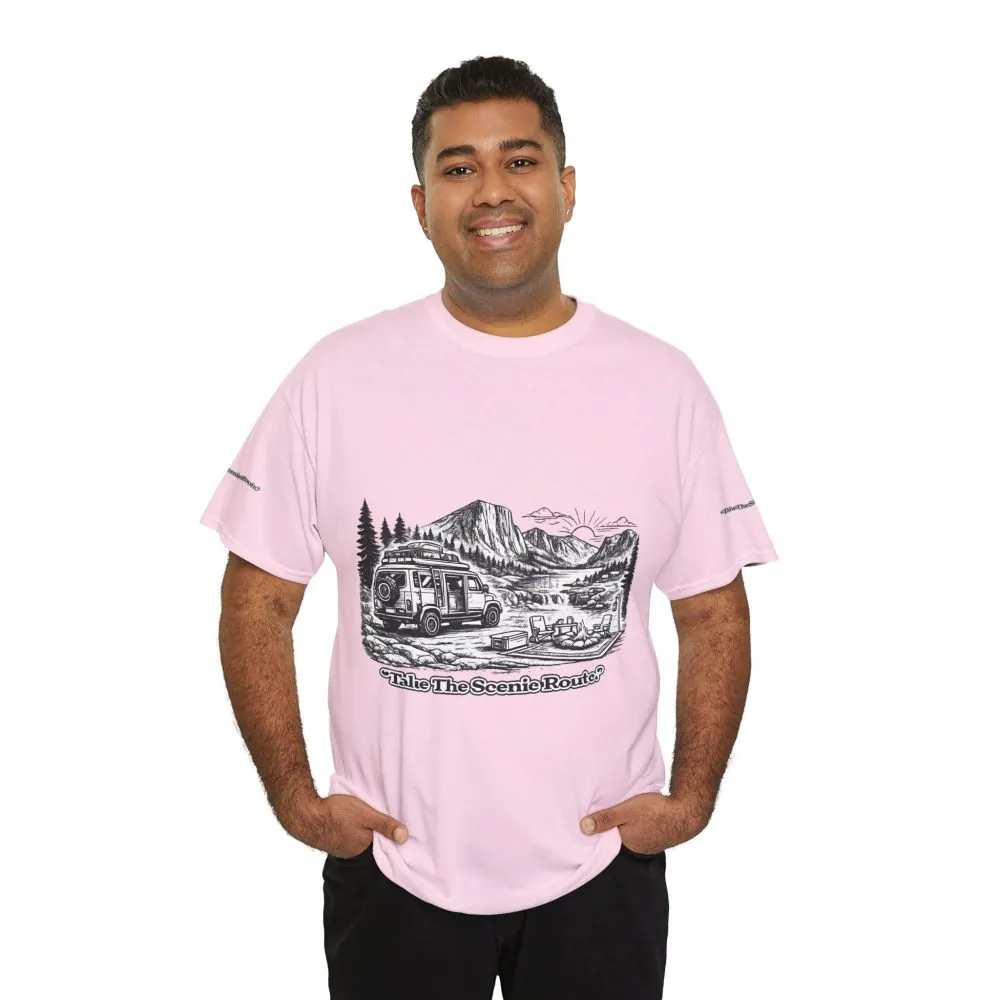 Unisex Heavy Cotton Tee — "Take The Scenic Route" Design Minimal-Line