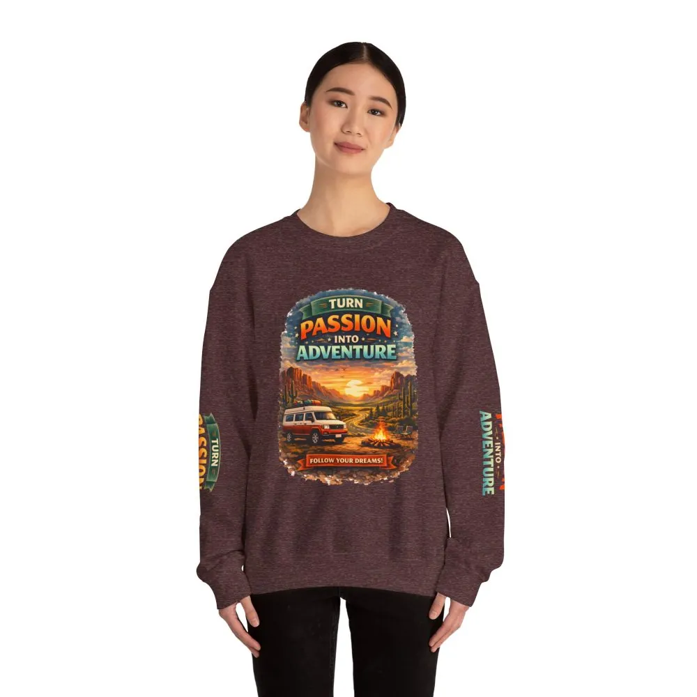 4606075841387597425_2048.jpeg Unisex Heavy Blend™ Crewneck Sweatshirt — "Turn Passion Into Adventure" Design Scenic-Line