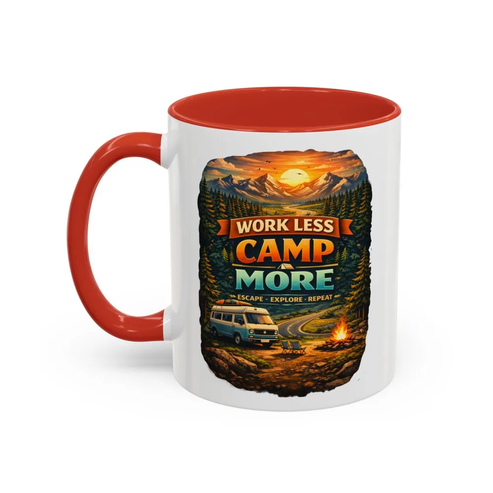 Accent Coffee Mug (11, 15oz) — "Work Less-Camp More" Design Scenic-Line