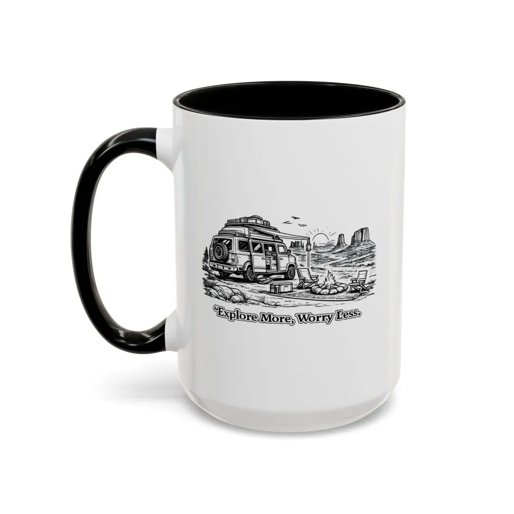 Accent Coffee Mug (11, 15oz) — "Explore More Worry Less" Design Minimal-Line