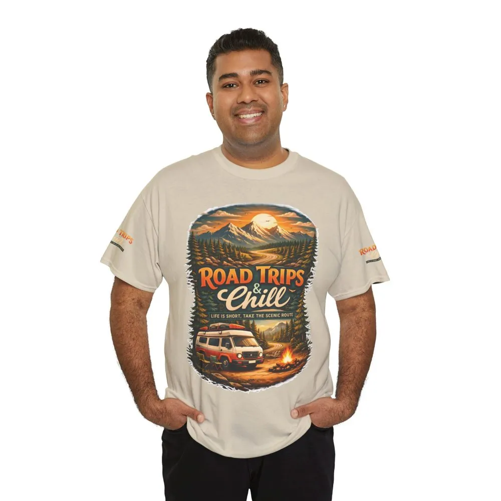 Unisex Heavy Cotton Tee — "Road Trips & Chill" Design Scenic-Line