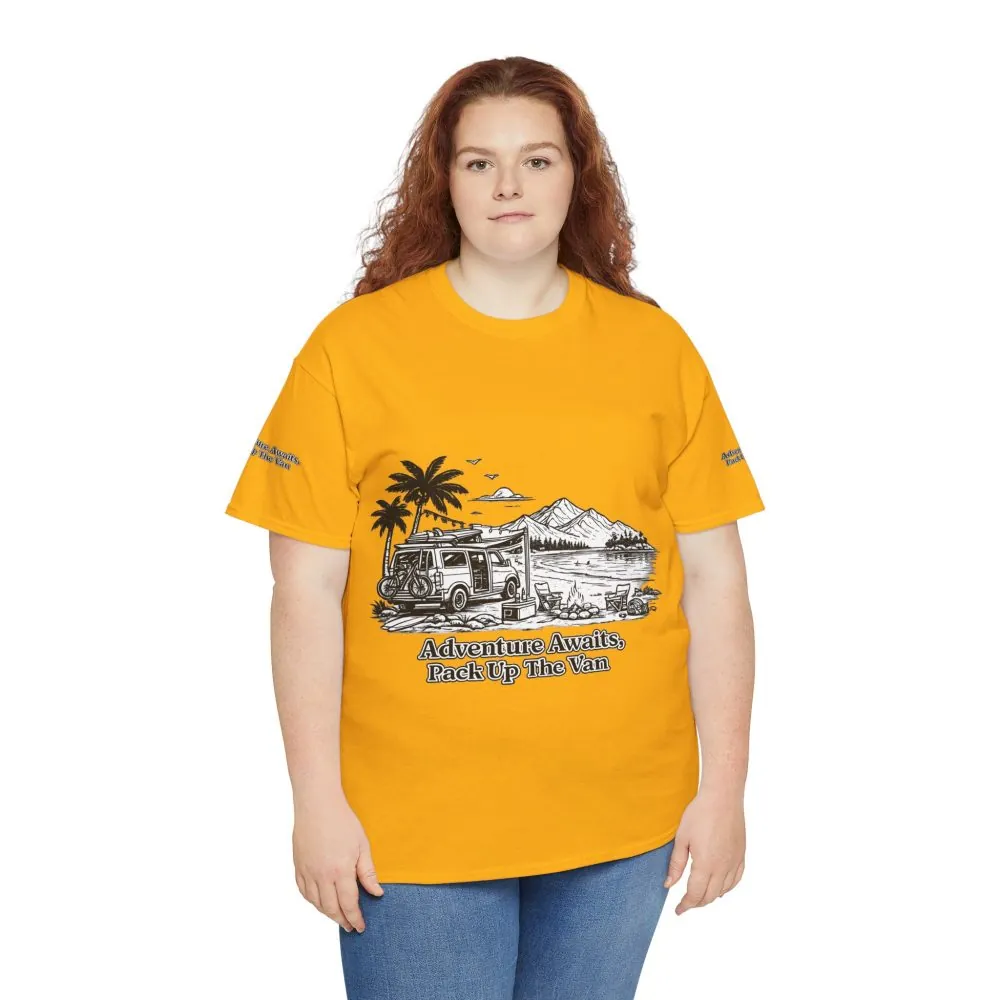 Unisex Heavy Cotton Tee — "Adventure Awaits,Pack Up The Van" Design Minimal-Line