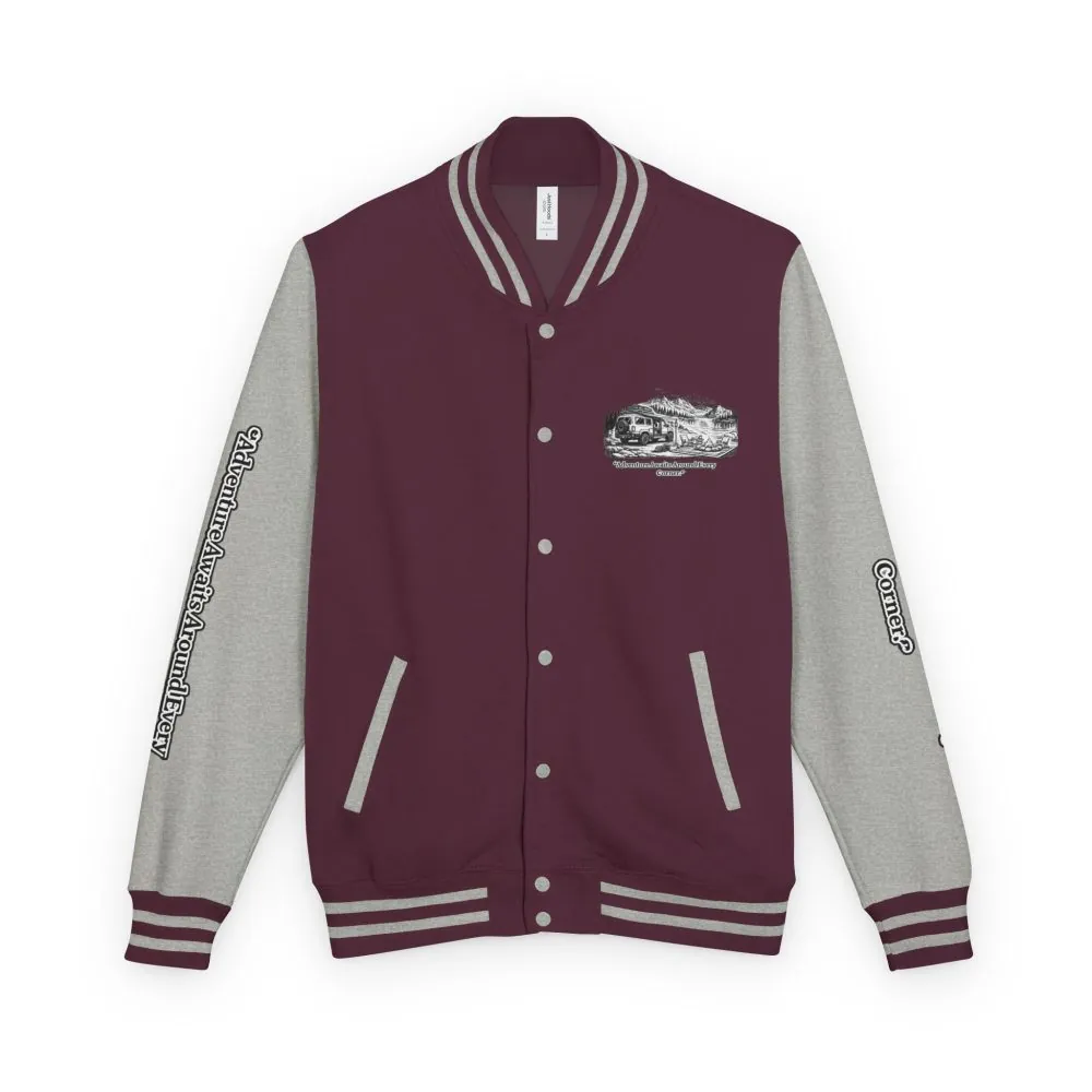 Unisex Heavyweight Letterman Jacket — "Adventure Awaits Around Every Corner" Travel Varsity Coat