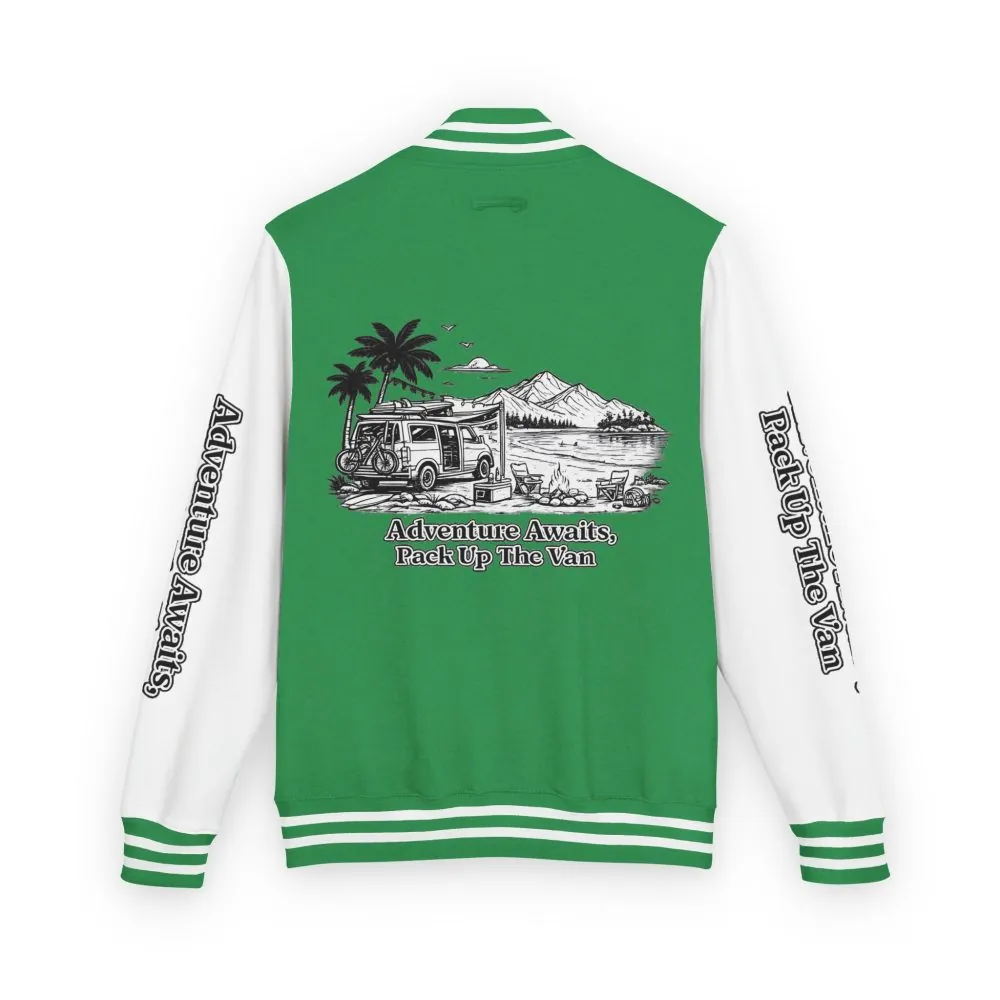 Unisex Heavyweight Letterman Jacket — "Adventure Awaits,Pack Up The Van" Travel Varsity Coat