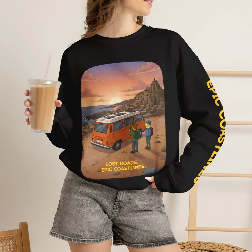 Unisex Heavy Blend™ Crewneck Sweatshirt — "Lost Roads Epic Coastlines" Design Sitcom-Line