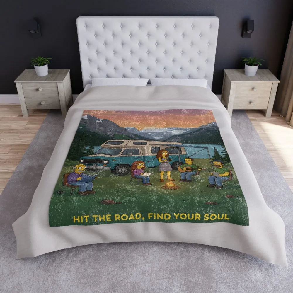 Crushed Velvet Blanket —"Hit The Road-Find Your Soul" Design Sitcom-Line (Campervan)