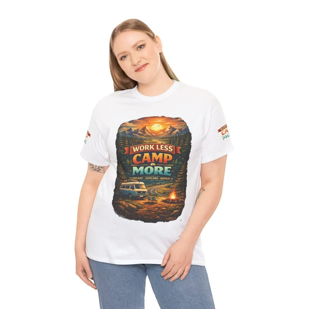 Unisex Heavy Cotton Tee — "Work Less Camp More" Design Scenic-Line