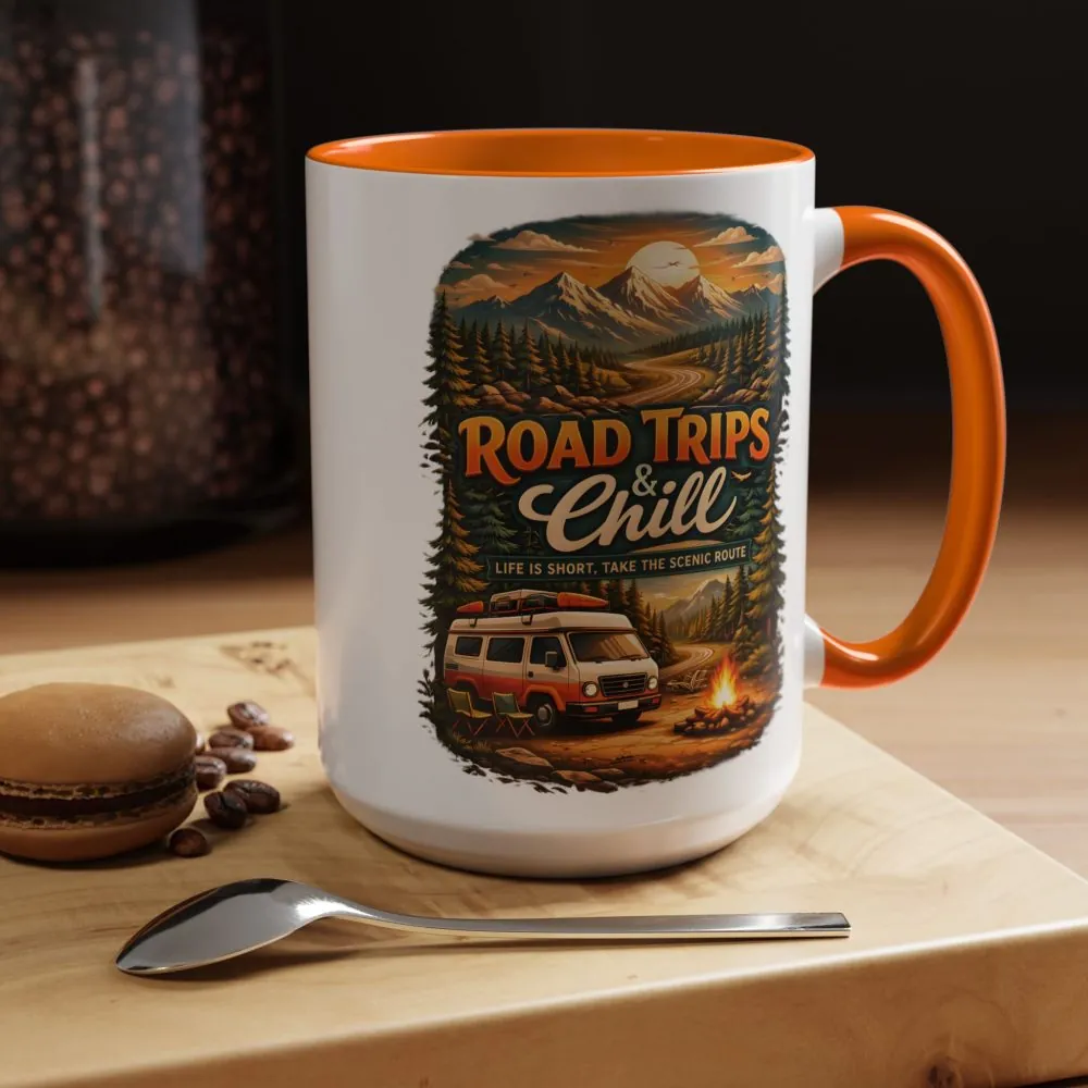 Accent Coffee Mug (11, 15oz) — "Road Trips & Chill" Design Scenic-Line