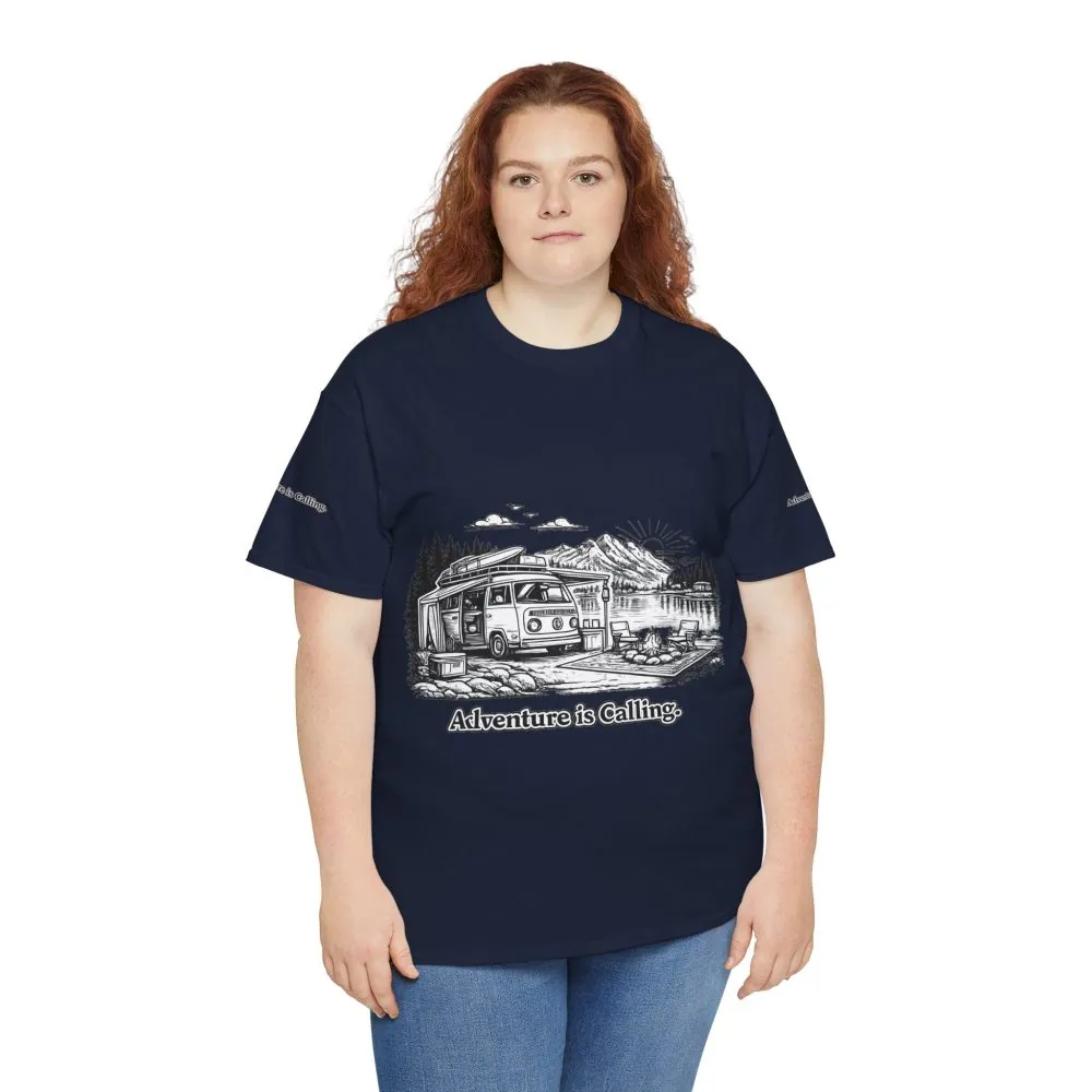 Unisex Heavy Cotton Tee — "Adventure Is Calling" Design Minimal-Line