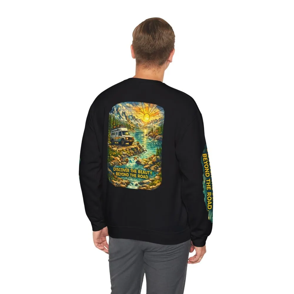 Unisex Heavy Blend™ Crewneck Sweatshirt — "Discover The Bieuty Beyond The Road" Design Cubic-Line