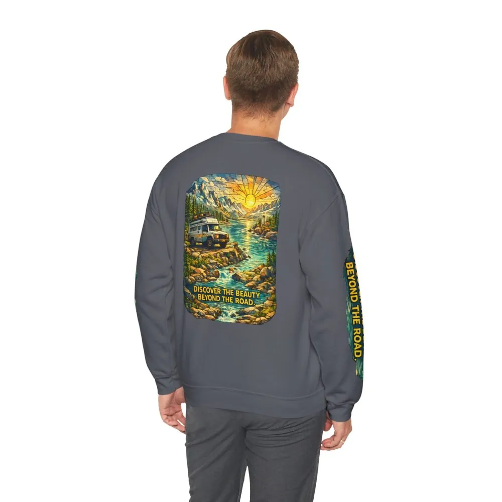 Unisex Heavy Blend™ Crewneck Sweatshirt — "Discover The Bieuty Beyond The Road" Design Cubic-Line