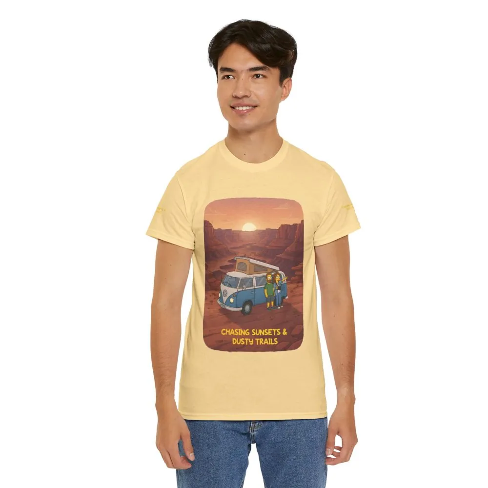 Unisex Heavy Cotton Tee — "Chasing Sunsets And Dusty Trails" Design Sitcom-Line