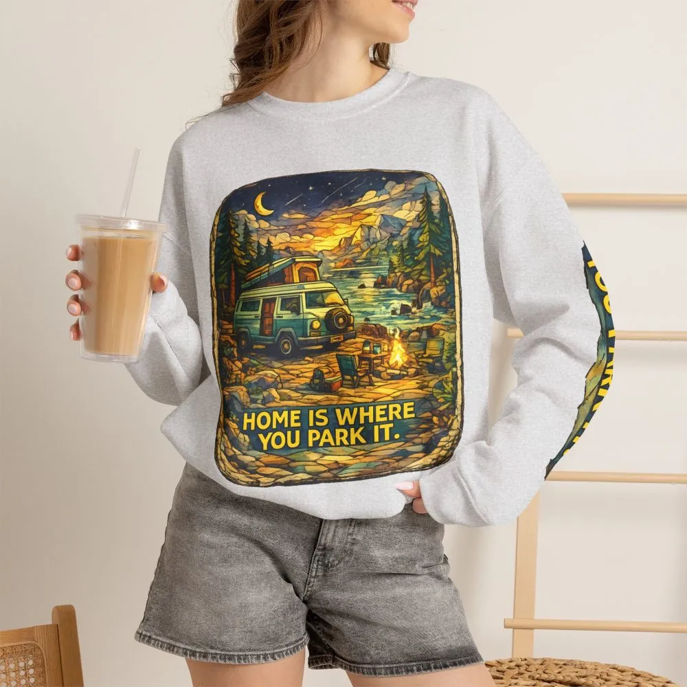 Unisex Heavy Blend™ Crewneck Sweatshirt — "Home Is Where You Park It" Design Cubic-Line