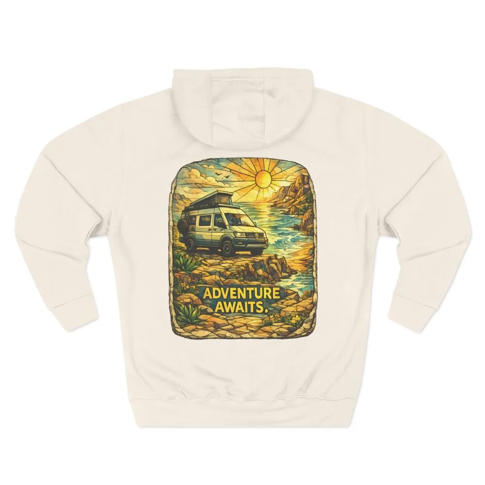 Three-Panel Fleece Hoodie - "Adventure Awaits" Design Cubic-Line