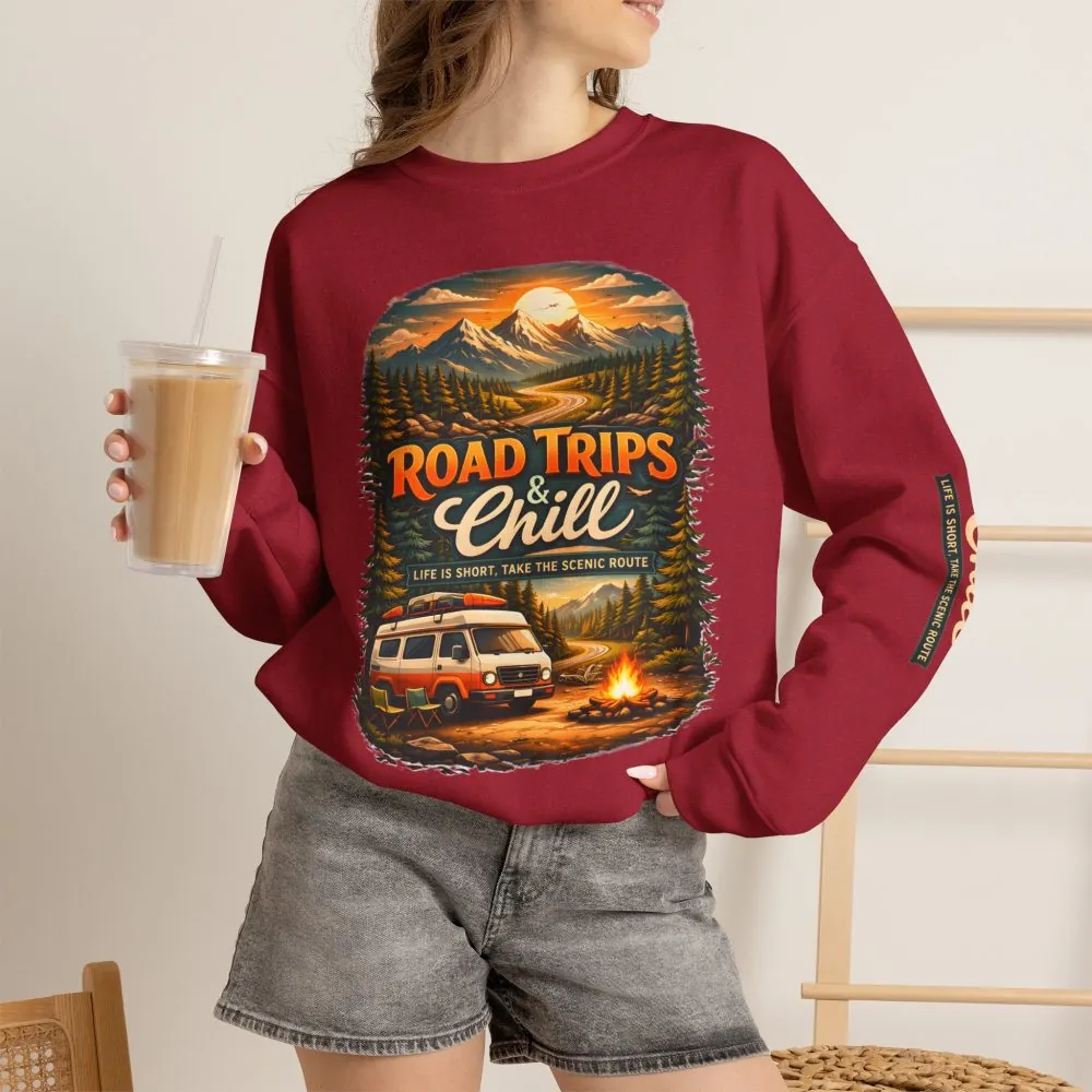 Unisex Heavy Blend™ Crewneck Sweatshirt — "Road Trips & Chill" Design Scenic-Line