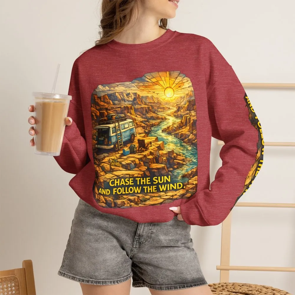 Unisex Heavy Blend™ Crewneck Sweatshirt — "Chase The Sun And Follow The Wind" Design Cubic-Line