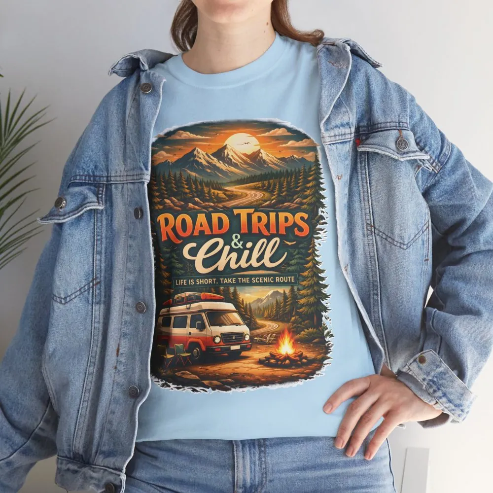 Unisex Heavy Cotton Tee — "Road Trips & Chill" Design Scenic-Line
