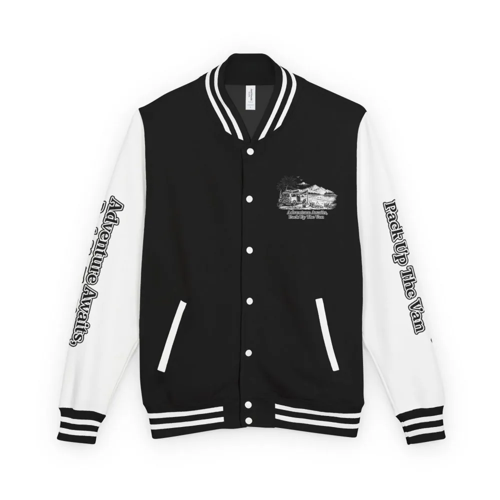 Unisex Heavyweight Letterman Jacket — "Adventure Awaits,Pack Up The Van" Travel Varsity Coat