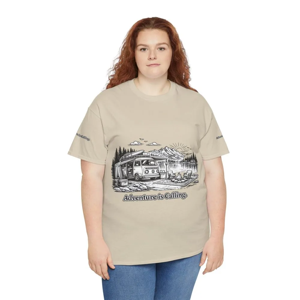 Unisex Heavy Cotton Tee — "Adventure Is Calling" Design Minimal-Line