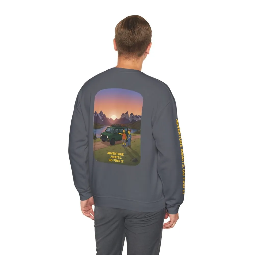 Unisex Heavy Blend™ Crewneck Sweatshirt — "Adventure Awaits-Go Find It" Design Sitcom-Line