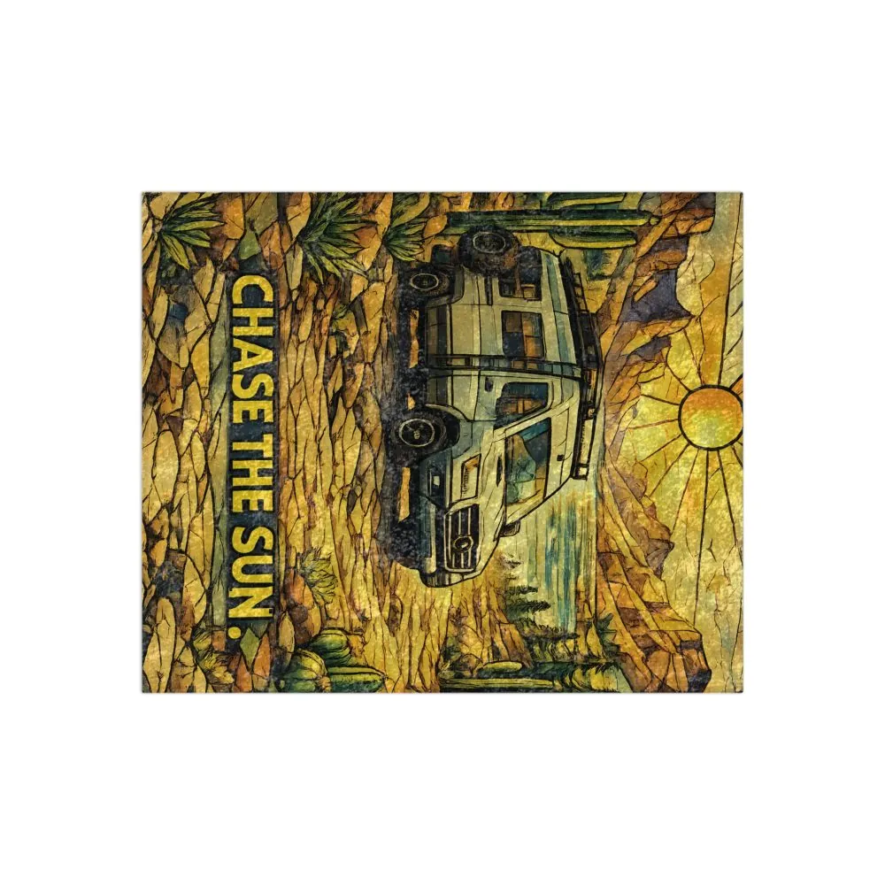 Crushed Velvet Blanket —"Chase The Sun And Follow The Wind" Design Cubic-Line(Campervan)