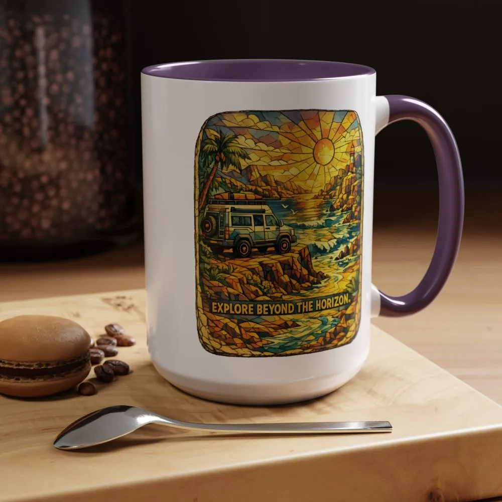 Accent Coffee Mug (11, 15oz) — "Explore Beyond The Horizon" Design Cubic-Line
