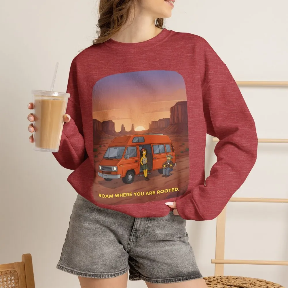 Unisex Heavy Blend™ Crewneck Sweatshirt — "Roam Where You Are Rooted" Design Sitcom-Line