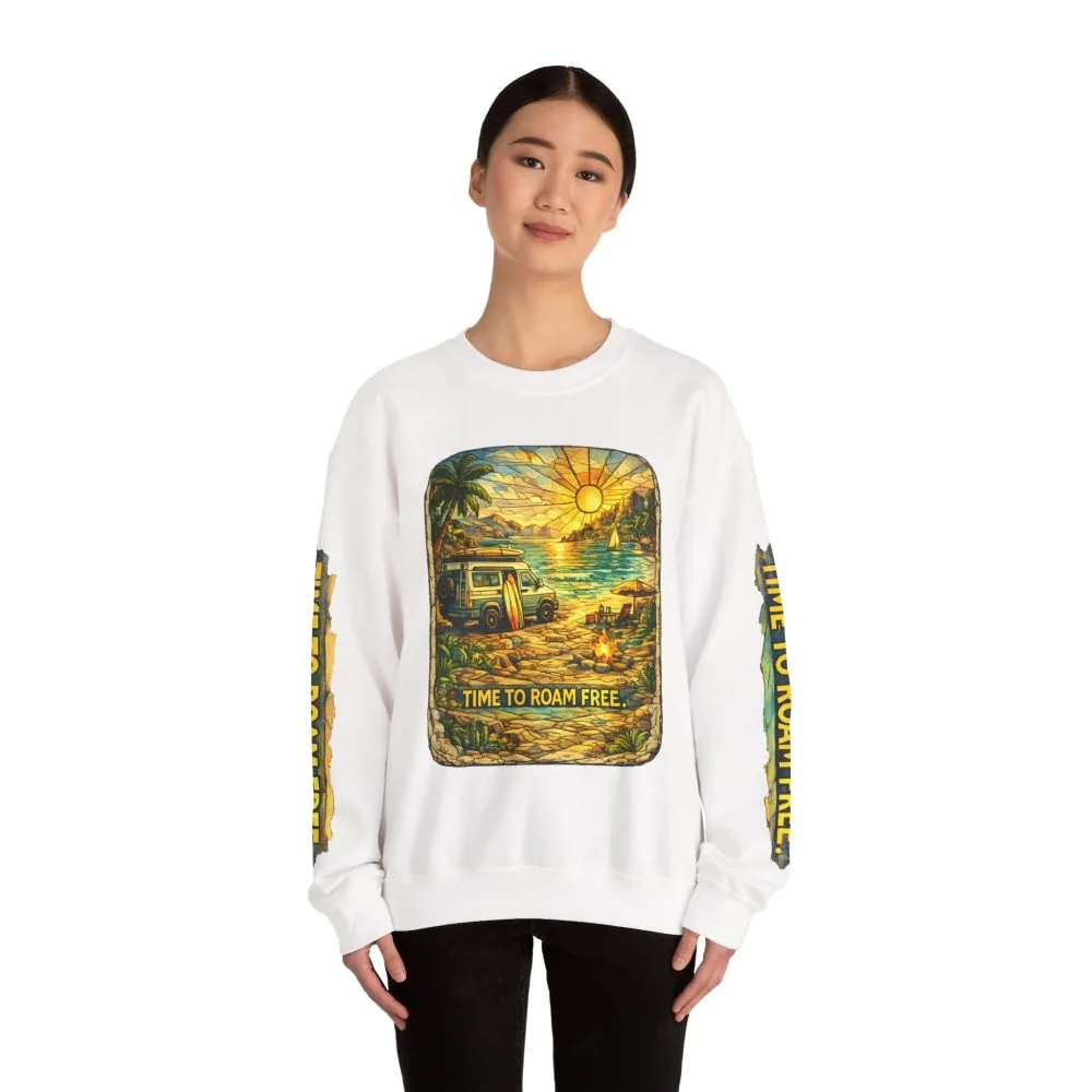 Unisex Heavy Blend™ Crewneck Sweatshirt — "Time To Roam Free" Design Cubic-Line