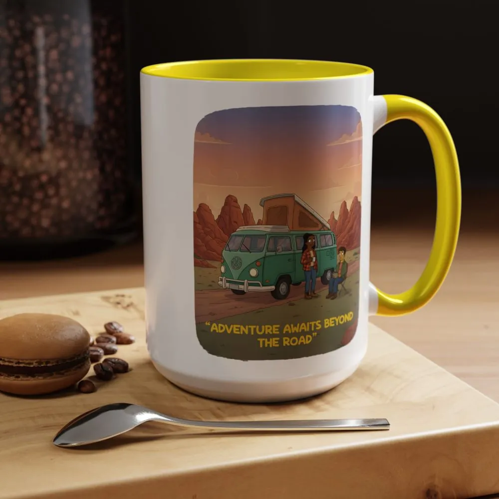 Accent Coffee Mug (11, 15oz) — "Adventure Awaits Beyond The Road" Design Sitcom-Line