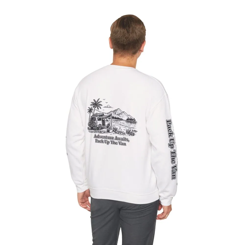 Unisex Heavy Blend™ Crewneck Sweatshirt — "Adventure Awaits,Pack Up The Van" Design Minimal-Line