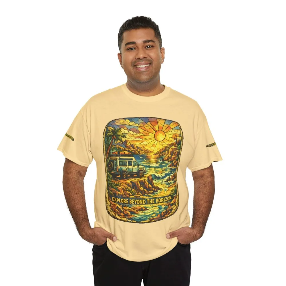 Unisex Heavy Cotton Tee — "Explore Beyond The Horizon" Design Cubic-Line