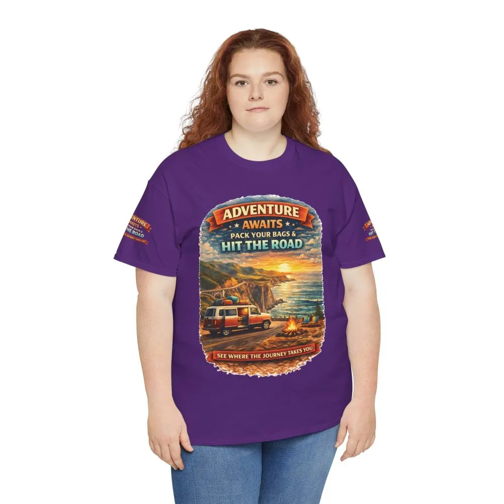Unisex Heavy Cotton Tee — "Adventure Awaits-Pack Your Bags" Design Scenic-Line