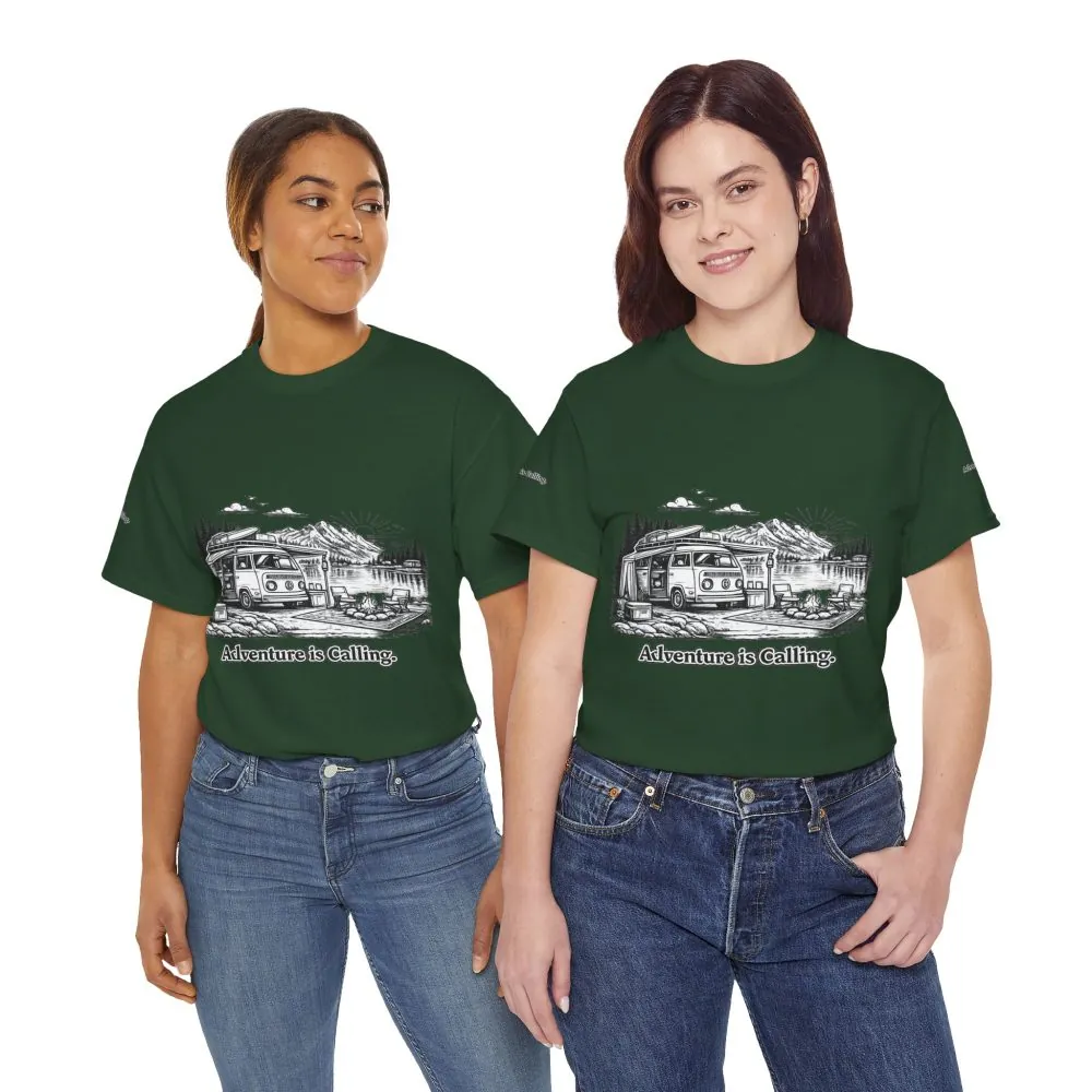 Unisex Heavy Cotton Tee — "Adventure Is Calling" Design Minimal-Line