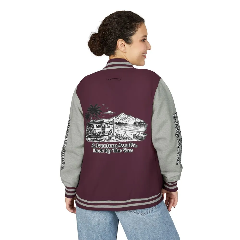 Unisex Heavyweight Letterman Jacket — "Adventure Awaits,Pack Up The Van" Travel Varsity Coat