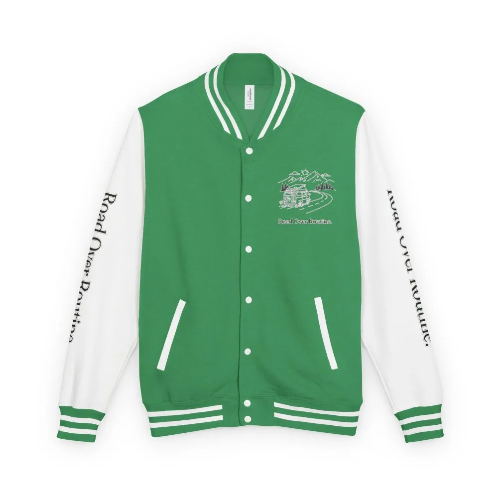 Unisex Heavyweight Letterman Jacket — "Road Over Routine" Travel Varsity Coat