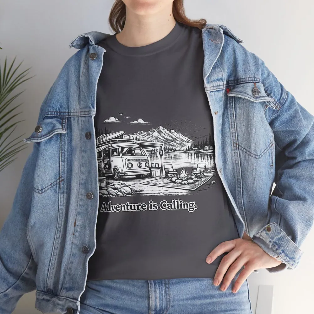 Unisex Heavy Cotton Tee — "Adventure Is Calling" Design Minimal-Line