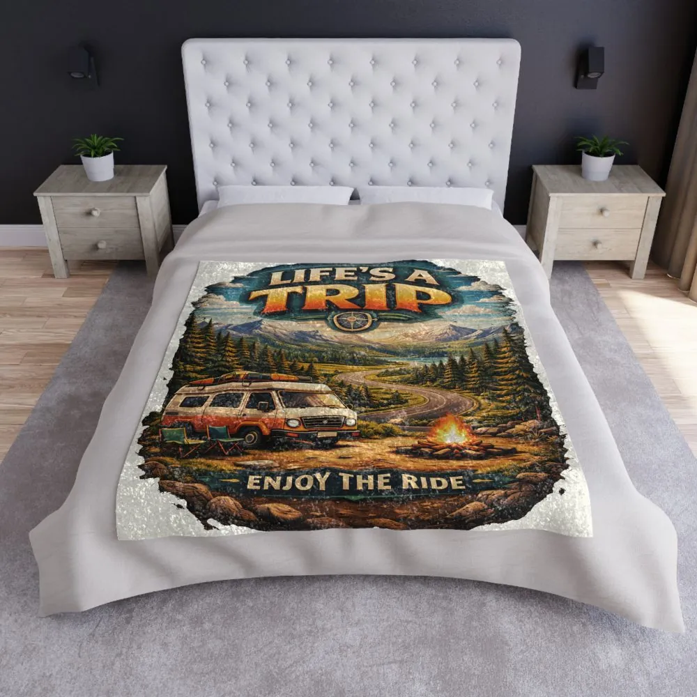 Crushed Velvet Blanket —"Life s A Trip" Design Scenic-Line (Campervan)