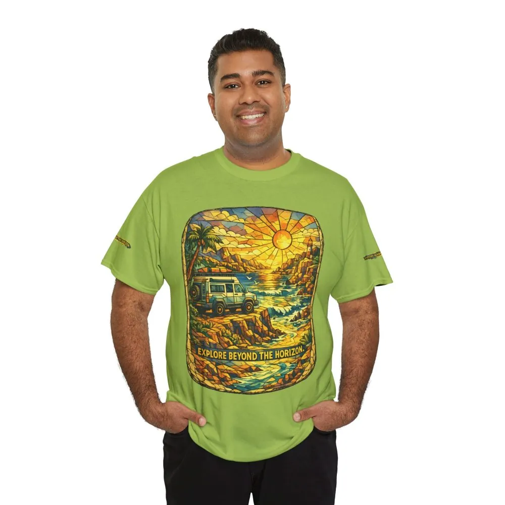 Unisex Heavy Cotton Tee — "Explore Beyond The Horizon" Design Cubic-Line
