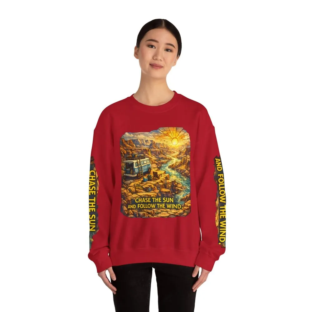 Unisex Heavy Blend™ Crewneck Sweatshirt — "Chase The Sun And Follow The Wind" Design Cubic-Line