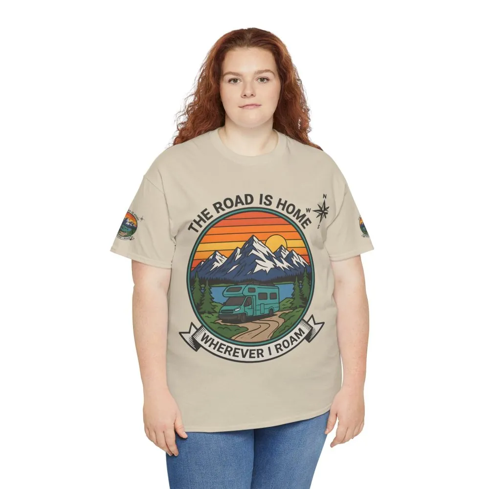 Unisex Heavy Cotton Tee  — 'The Road Is Home, Wherever I Roam' Retro Camper Tee